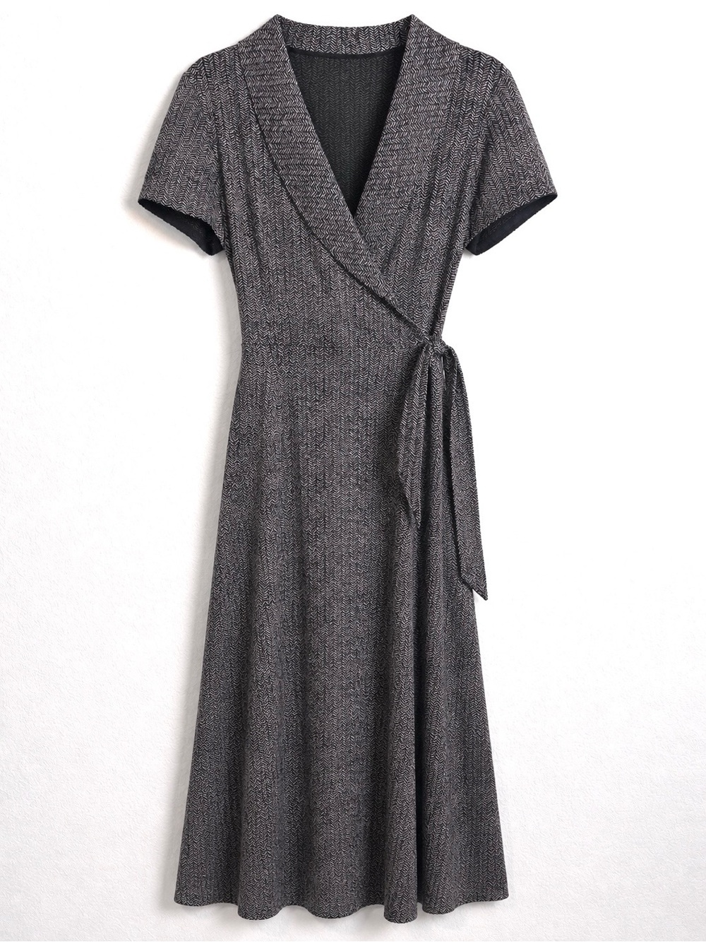 Due per Due Black Herringbone Silk Faux Wrap Maxi Dress Women’s 8 Career Vtg